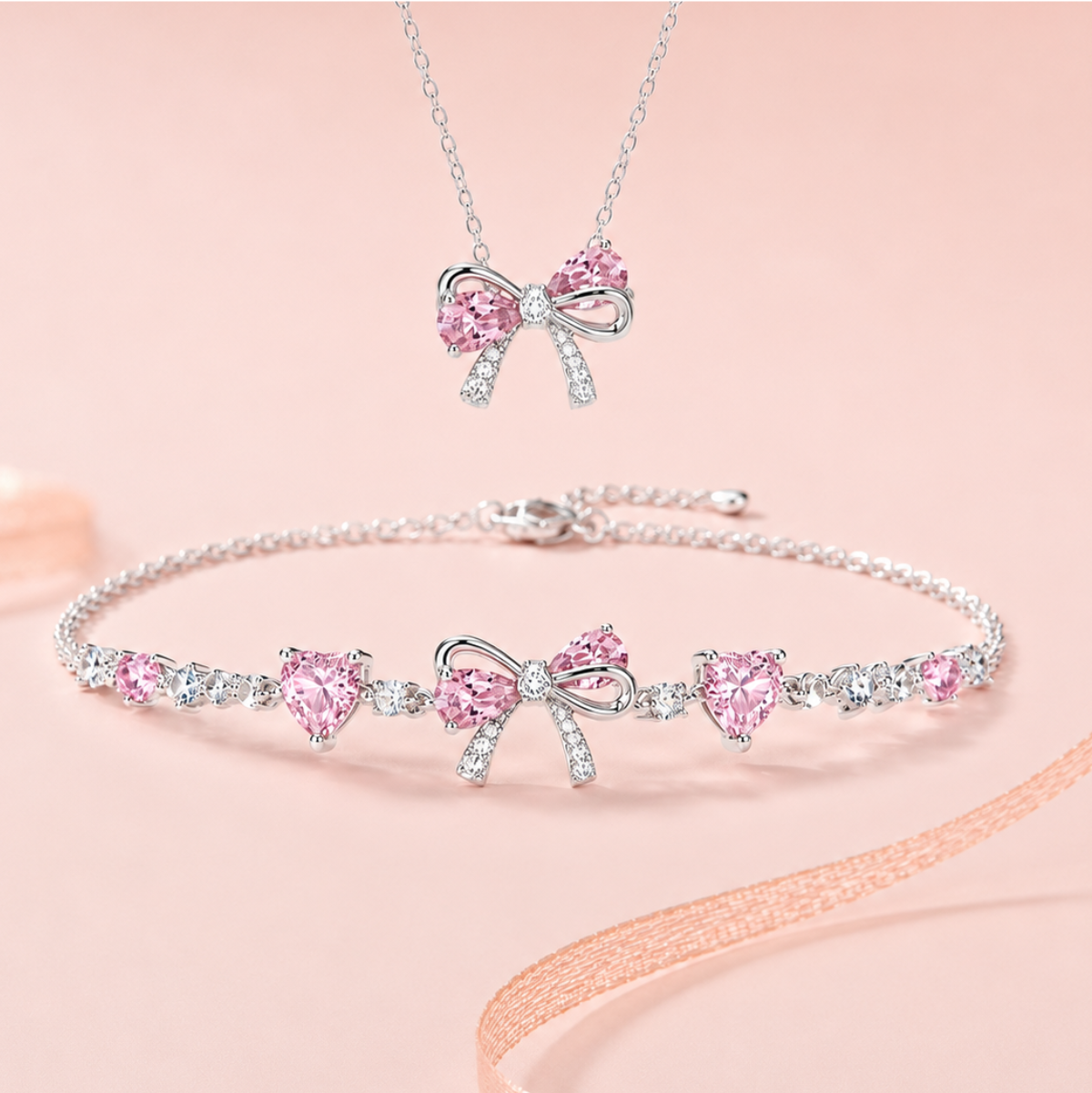 Set BABI nơ đá hồng - Dây chuyền và vòng tay - alternate