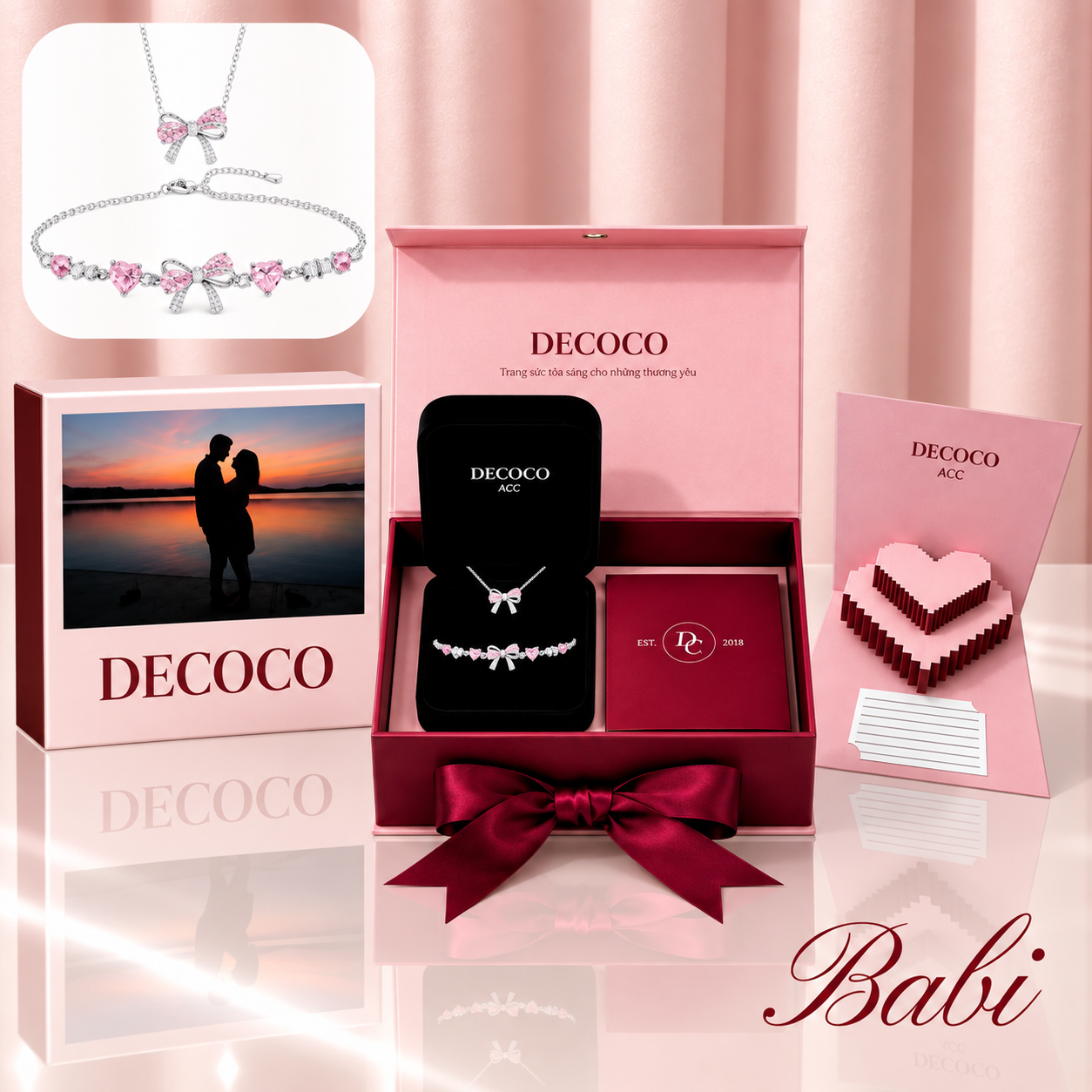 Set BABI nơ đá hồng - Dây chuyền và vòng tay